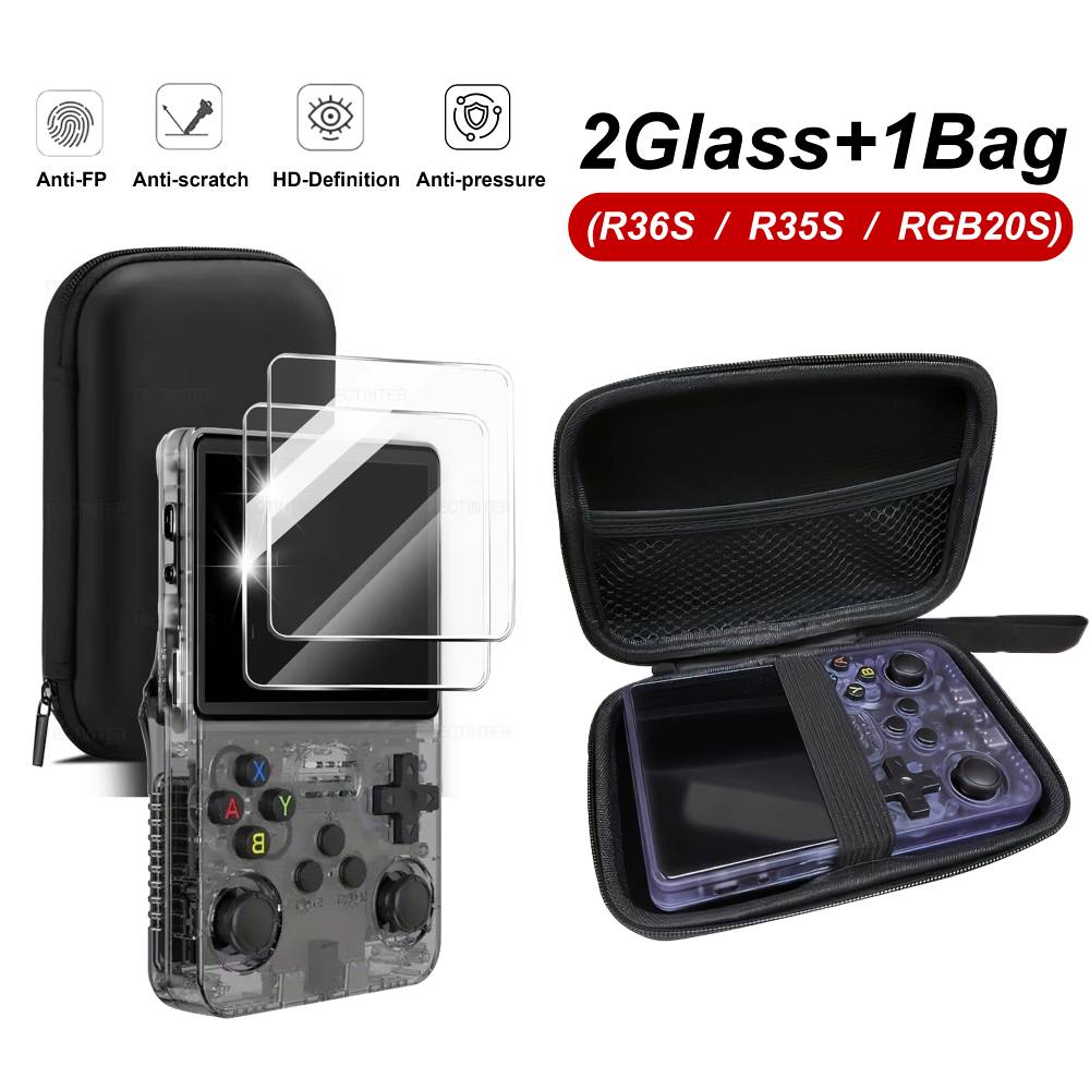 Gaming Console R36S - กระเป๋าเก็บของ 3 in 1 + ฟิล์มกระจกกันรอยสำหรับเครื่องเล่นเกม
