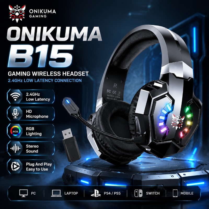 Gaming Console Apple - หูฟังเกมมิ่งไร้สาย ONIKUMA B15 2.4GHz RGB พร้อมไมโครโฟน