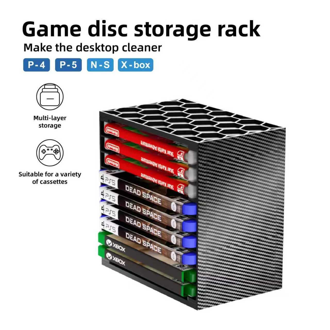 Gaming Console Organizer - ชั้นวางเก็บตลับเกมหลายชั้น, ที่จัดเก็บแผ่นเกมสำหรับเดสก์ท็อปสำหรับคอนโซลเกมหลักๆ ทุกเครื่อง, ดีไซน์ประหยัดพื้นที่