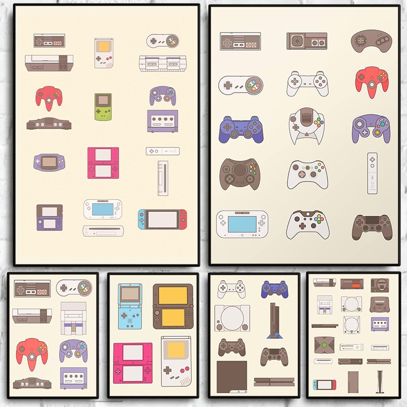Gaming Console With - โปสเตอร์วิดีโอเกมแบบพกพาและคอนโซล ภาพพิมพ์บนผ้าใบลายเกมแพด ตกแต่งผนังห้องเล่นเกม ห้องแมนเคฟ ของตกแต่งบ้าน