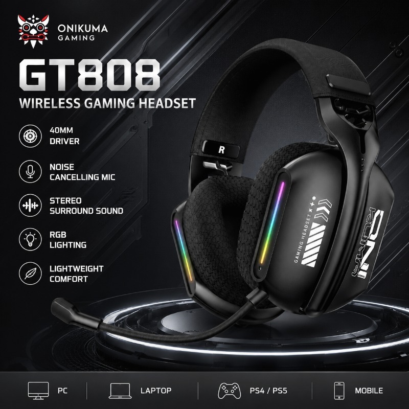 Gaming Console Apple - ONIKUMA GT808 ชุดหูฟังสำหรับเล่นเกมไร้สายบลูทูธ 2.4G หูฟังความหน่วงต่ำพร้อมไมโครโฟน RGB