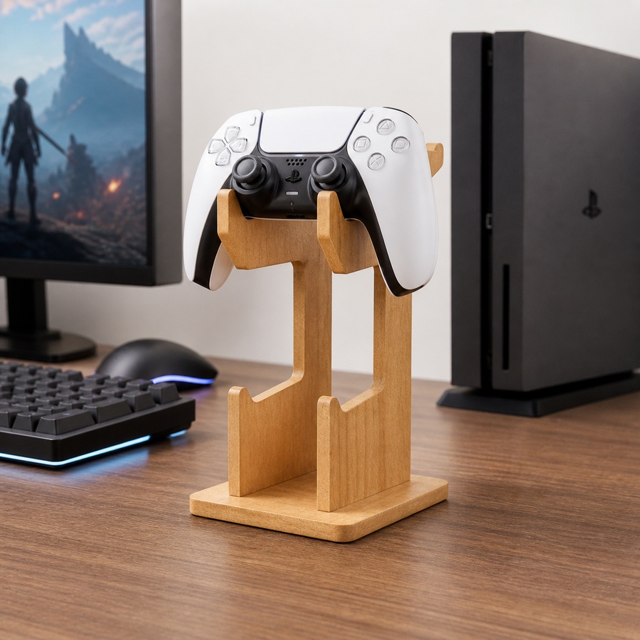 Gaming Console Organizer - ชั้นวางโชว์จอยเกมไม้แบบคู่สำหรับตั้งโต๊ะ อุปกรณ์จัดเก็บและตกแต่งสำหรับเครื่องเล่นเกมและอุปกรณ์เสริมในบ้านหรือสำนักงาน